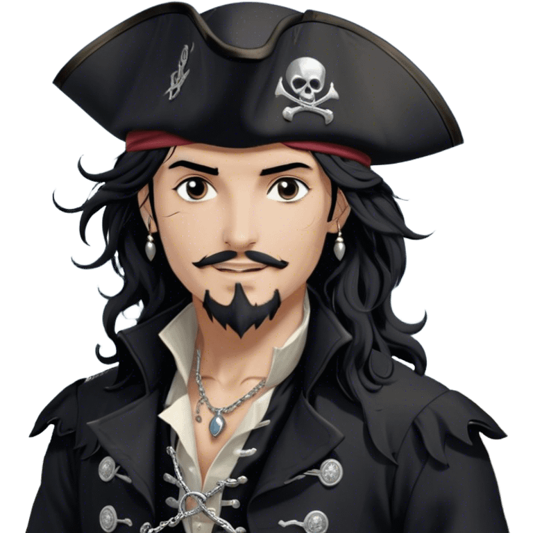 A charismatic pirate with wavy black hair tousled by the sea breeze. His black tricorn hat, embroidered with silver, casts a shadow over his confident features. Dark eyes glint with mischief as he gazes to the side, a knowing smile on his lips. His fitted black coat, adorned with silver buttons. A silver chain dangles from his belt emoji