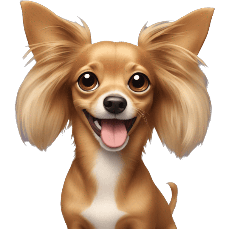 A dog that is a dachshund and long haired chihuahua mix winking with a little heart emoji