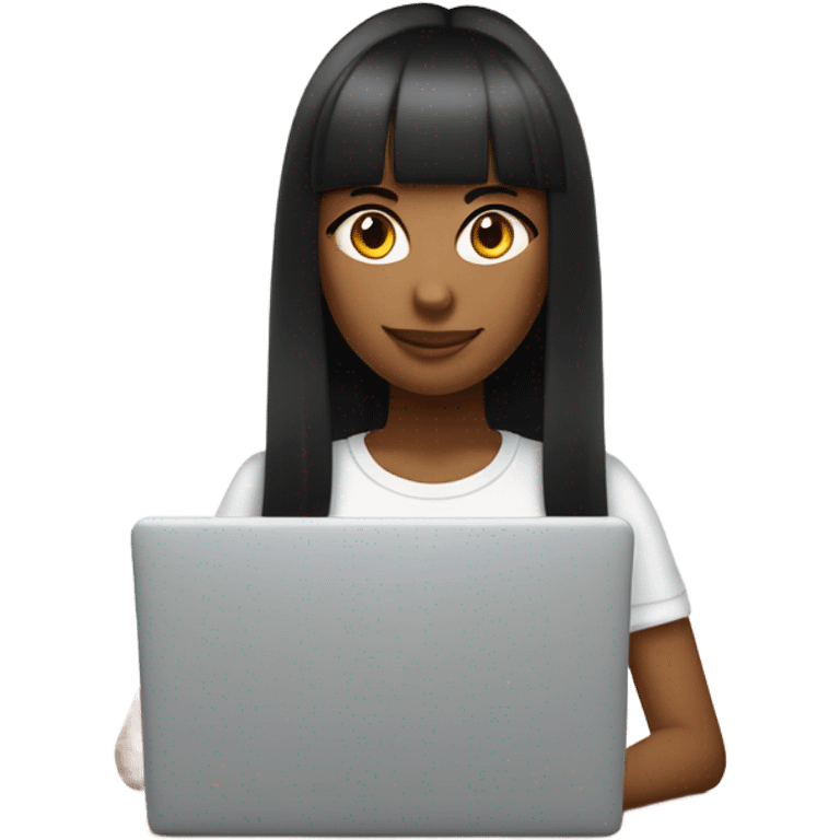 a girl with long dark straight hair and bangs working with a laptop (she is a marketer). wearing a white oversized t-shirt emoji