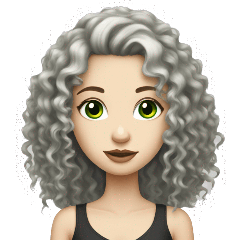 white skin, long black curly hair, green eyes, girl emoji