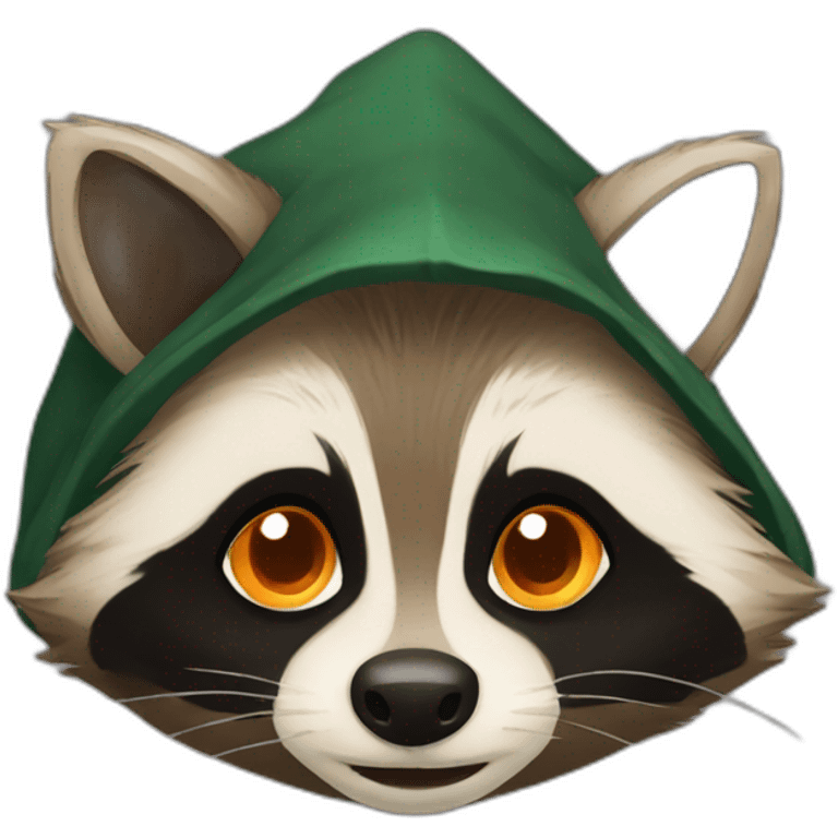 brown raccoon with orange eyes and a dark green hood that is smiling emoji