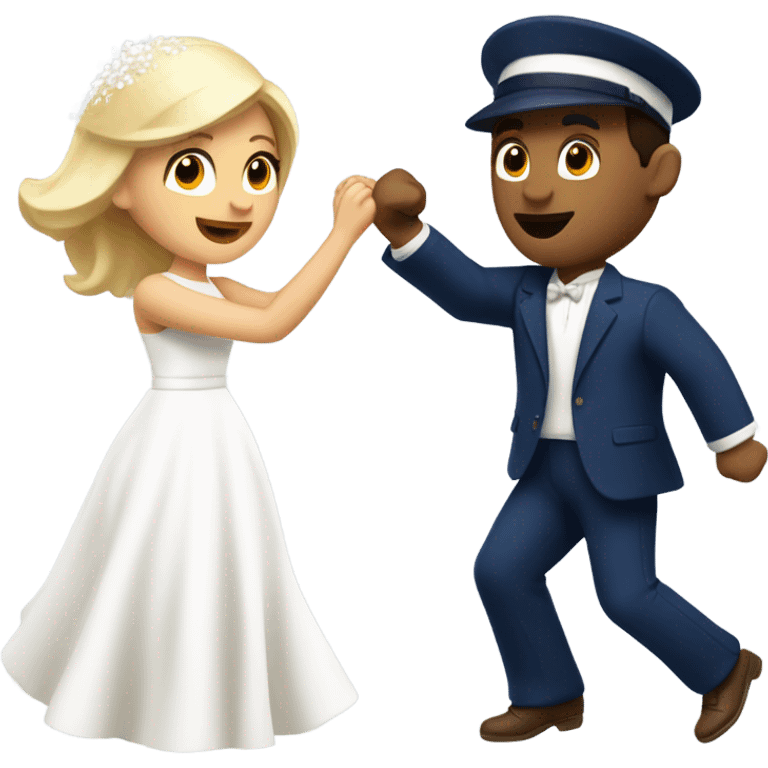 Puerto rican beard short brown hair with blue hat and navy blue suit first dance with blond long hair girl with white  wedding dress  emoji