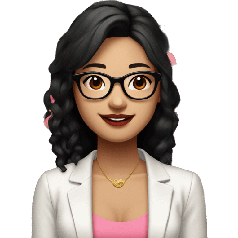 Asian girl, smiling with teeth, fair skin, black long hair, black eyes, black glasses with gold frames, red lipstick, wearing a white lace tank top and a black office jacket on top, with pink and red roses around her emoji