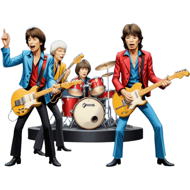 Icon for Rock Music: The Rolling Stones live on stage with Mick Jagger performing vocals, Keith Richards playing guitar, and Charlie Watts on drums. Iconic stage lights, electric guitars, and energetic crowd. Transparent background. emoji