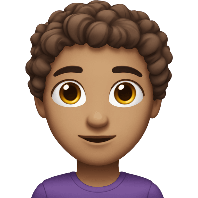 purple eyes, wavy brown hair, thick eyebrows, long eyelashes emoji