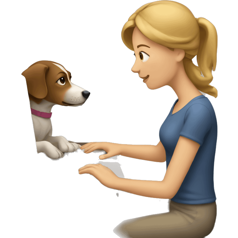 Woman typing on computer with dog emoji