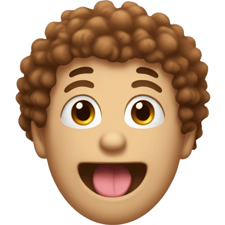 emoji with brown fluffy hair, a smiling mouth with a really big tongue emoji