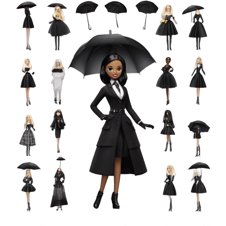 Stunning in the Spotlight Barbie, teen Wednesday Addams,showing off, show full body,accessories  gloves funeral veil umbrella  emoji