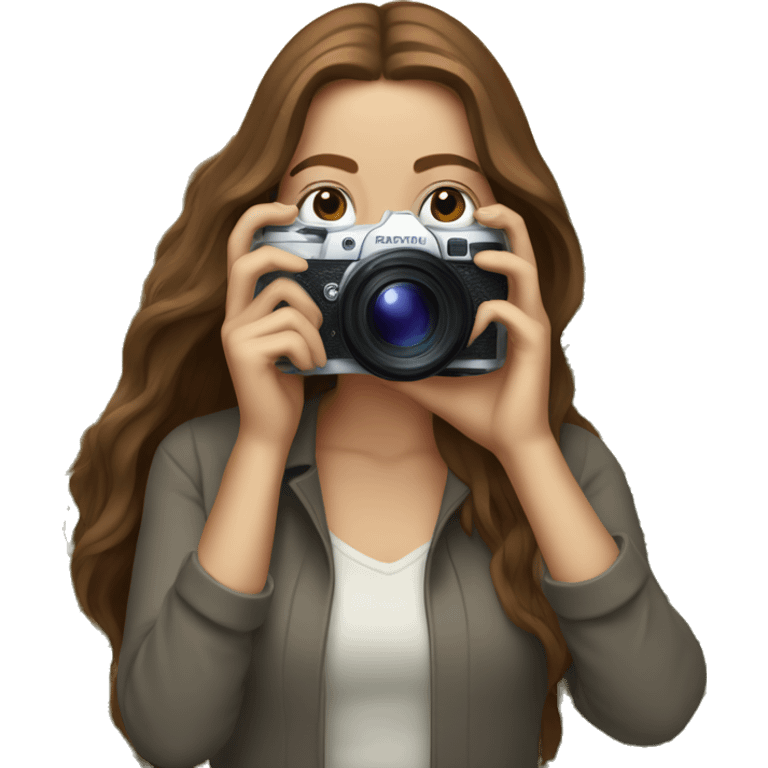 A white woman with long brown hair taking a photo with an expensive camera of nature emoji