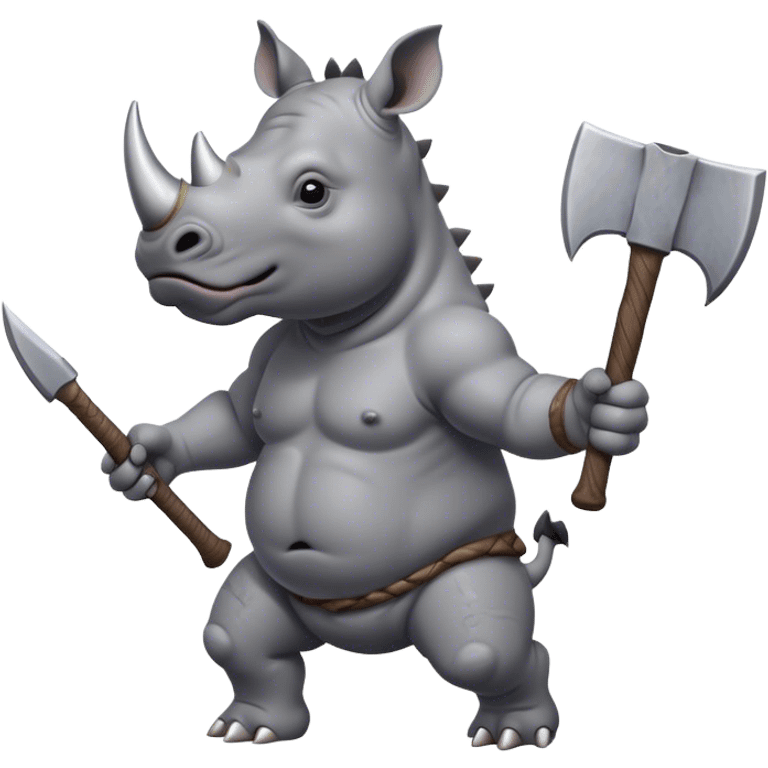 A rhino running on two legs with an axe in his hands, raised above his head emoji