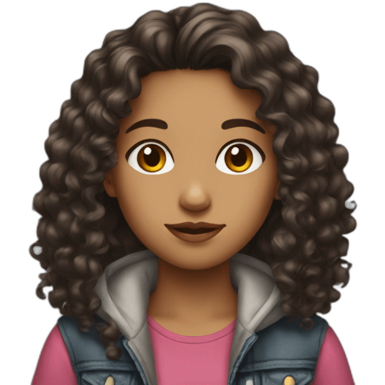 a girl with long dark brown curly hair with street wear emoji