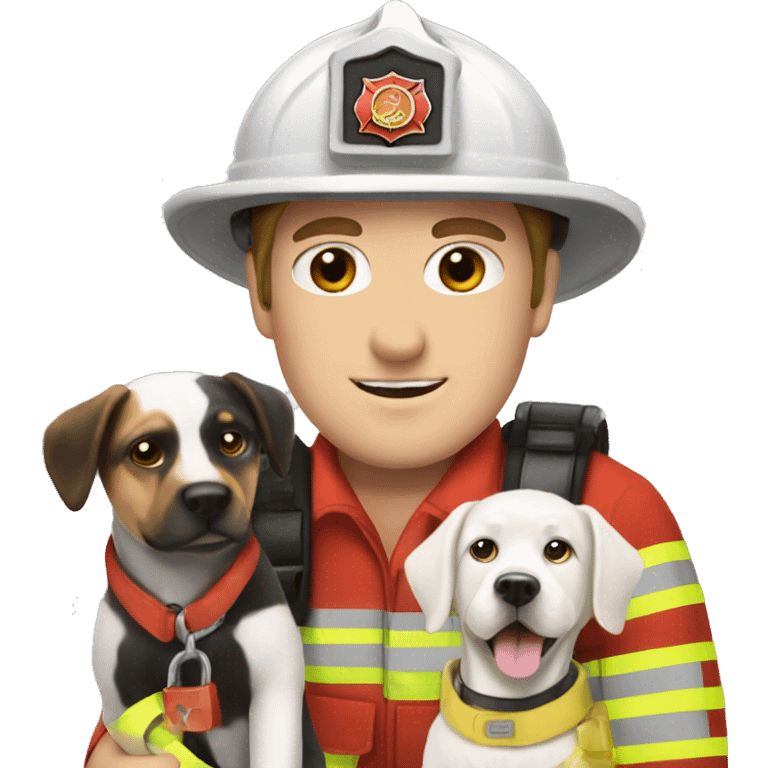 Caucasian Firefighter with a white dog and a black and white dog  emoji