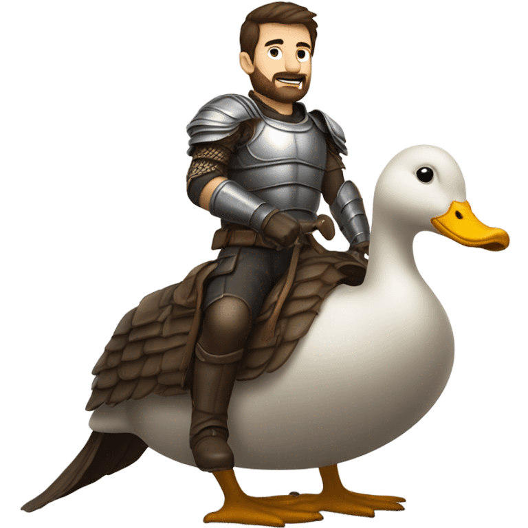 Confident armored White Man with dark brown hair and a short beard riding on the back of a giant armored duck emoji