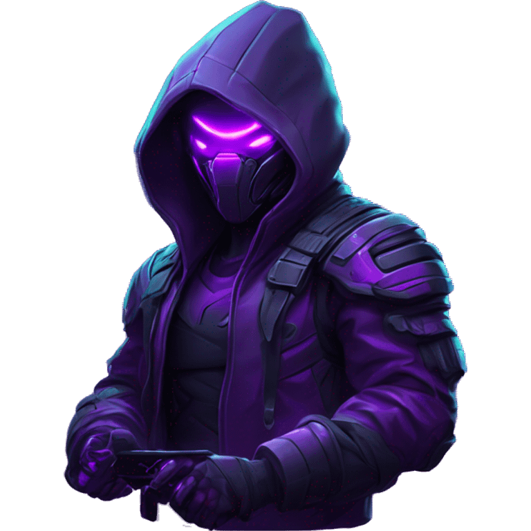 developer behind his laptop with this style : crysis Cyberpunk Valorant neon glowing bright purple character purple violet black hooded assassin themed character emoji