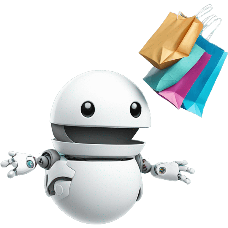 cute white floating spherical happy robot with floating shopping bags emoji