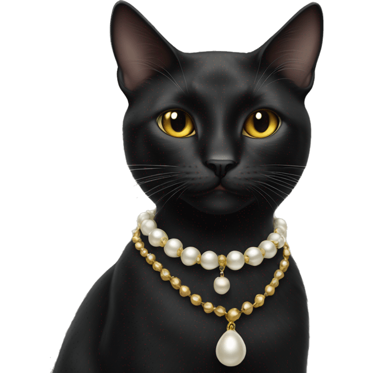 beautiful female black cat wearing gold and pearl necklace  emoji