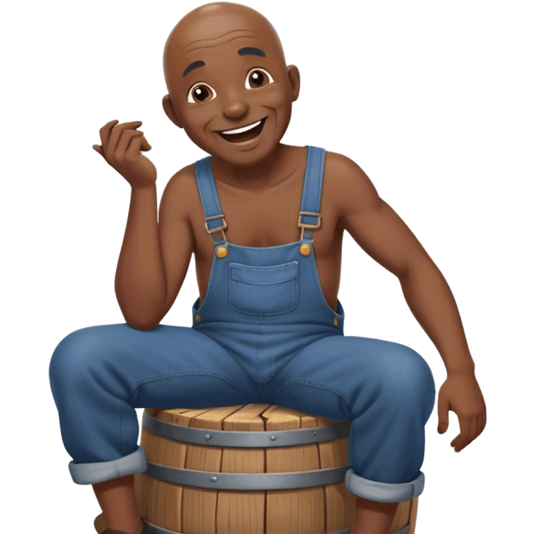 Side view Laughing telling story Old bald black man sitting on barrel wearing overalls no shirt emoji