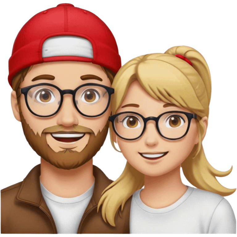 A girl with brown hair and glasses is in love with a blond guy in a red cap and a blond beard emoji