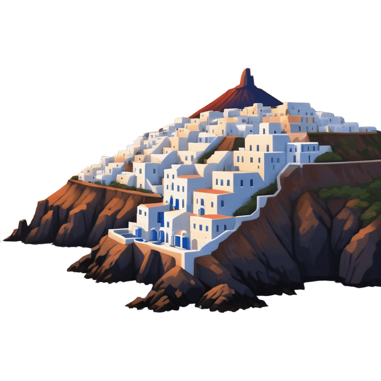 Cinematic Realistic Santorini Caldera Landmark Emoji, featuring white-washed buildings perched on volcanic cliffs, overlooking the deep blue Aegean Sea, with warm sunset hues illuminating the sky and reflecting off the water. emoji