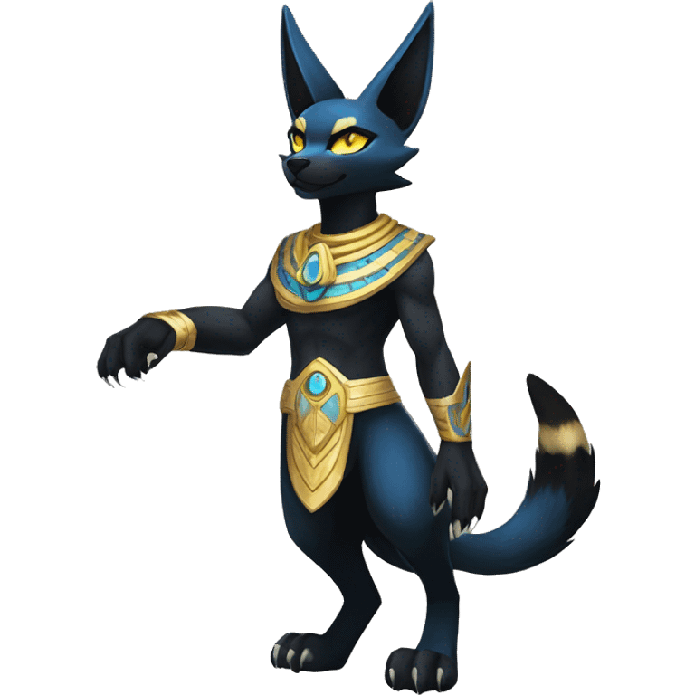 Black godly overpowered ethereal majestic Egyptian Lucario-Umbreon-Cat. Golden Anubis-Rings and yellow ring-markings. Full body emoji