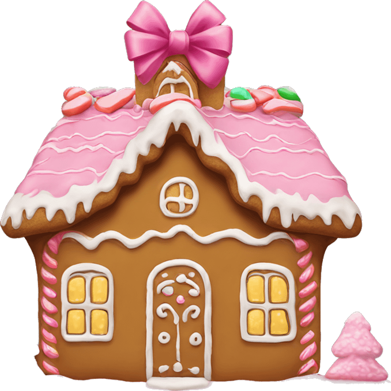 Gingerbread house with a pink bow￼ emoji