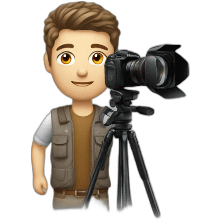 Male Photographer shaved Caucasian wavy hair brunette holding camera emoji