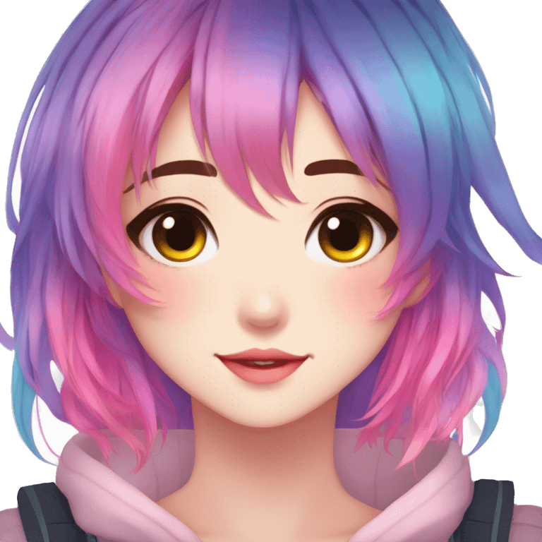 Gorgeous anime style shojo character with blushing face aesthetic and pretty colorful shiny gradient neon hair with hair garment trending style emoji