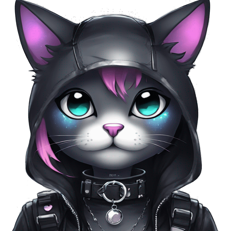 Gorgeous sparkly legendary shiny gradient gothic dark techwear anime style anthro cat with blushing face aesthetic and pretty edgy black with collar and harness trending style emoji