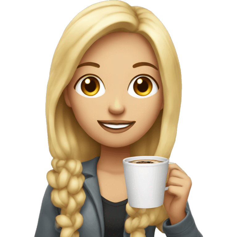 blonde girl with cup of coffee and with cookie emoji