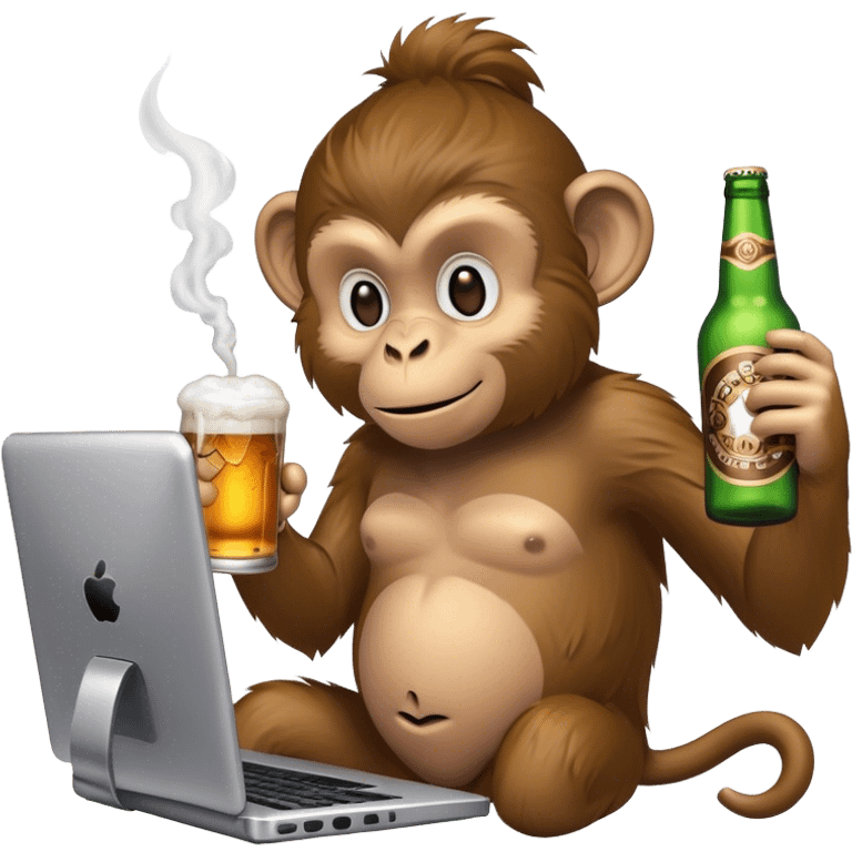 monkey playing games on a pc with a vape in one hand and holding a beer in the other emoji