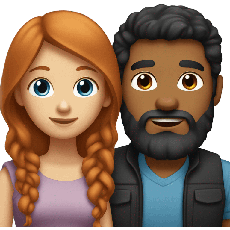 Redhead blue eyed girl and black haired bearded tan male couple emoji