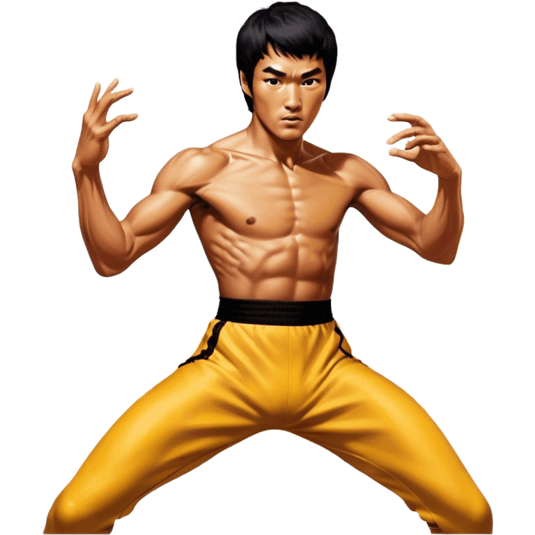 Cinematic Realistic Bruce Lee Portrait Emoji, depicted as a dynamic martial arts icon with an intense gaze and athletic physique caught in a fluid motion, rendered with vivid textures and energetic lighting that embodies his legendary prowess. emoji