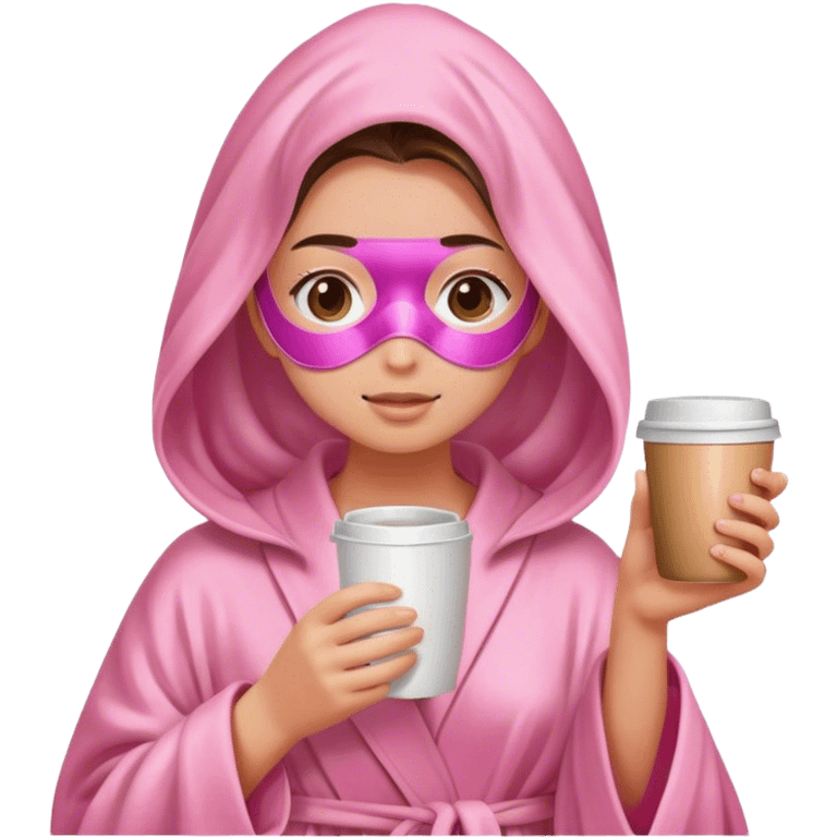 Girl holding coffee with a pink robe on and a face mask on her face with wet hair  emoji