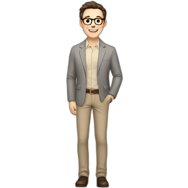 Joyful Full height Pale skinned Fit Man With dark brown hair in gray jacket, beige office shirt, Brown pants and vintage glasses. His thrumbs up emoji