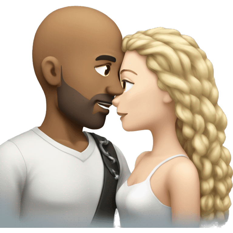 Brown bald man with chain hair kissing white brunette with long hair emoji