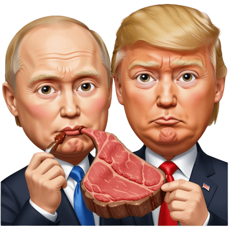 photorealistic Donald Trump and Putin eating a steak shaped like an piece of land emoji