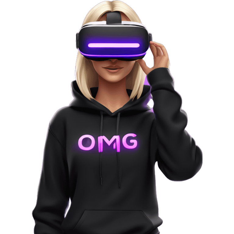 Russian girl wearing black hoody with violet letters "OMG", in vr headset oculus quest2. Standing like jedi. Cyberpunk style. Violet neon. emoji