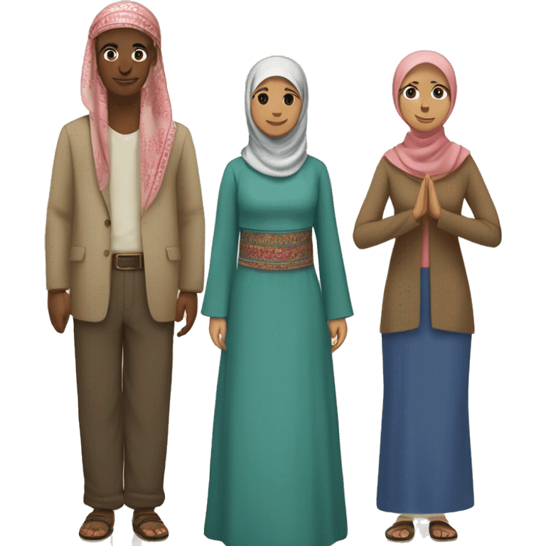 Five people of diverse ethnicities and cultures stand in a circle holding hands, each wearing traditional clothing from their country: a Muslim woman in a hijab,  Their varied skin tones emoji