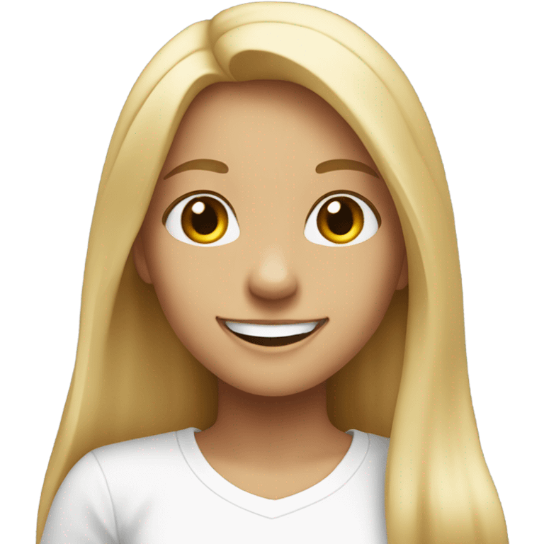 Blonde girl with long hair smile in white t-shirt emoji