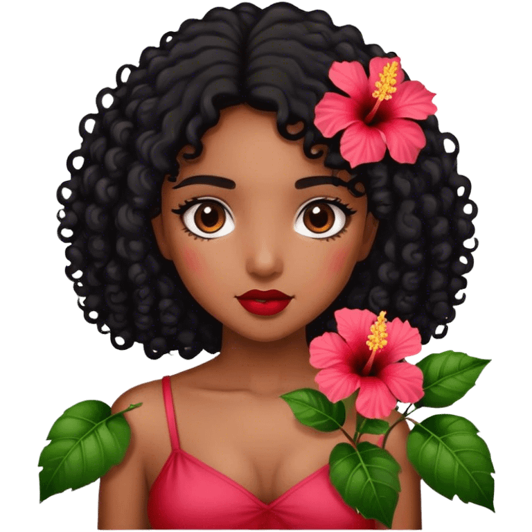 Girl with brown skin with black curly hair holding hibiscus flowers emoji