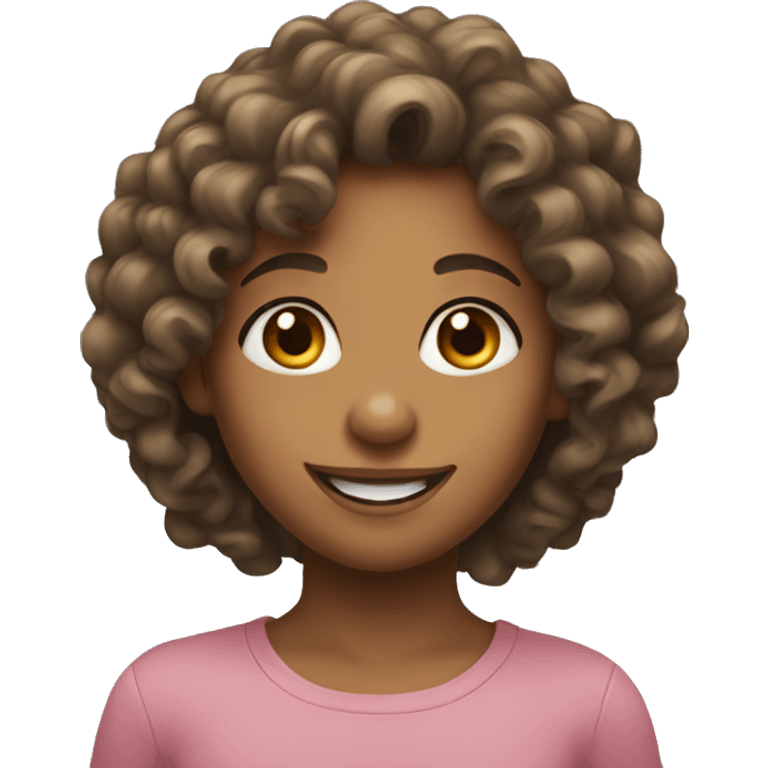 A girl with long bownish curly hair smiling  emoji