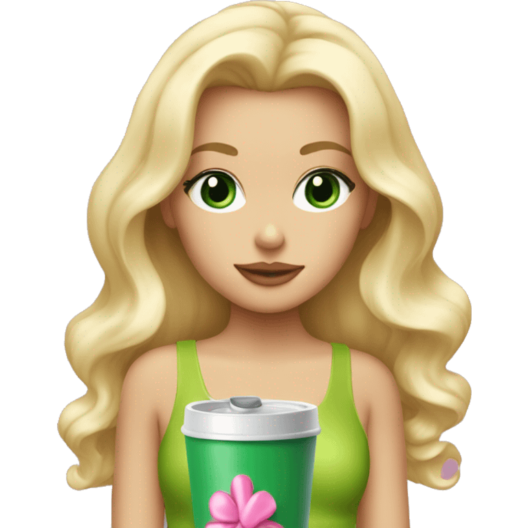 blonde with green eyes drinking pink tumbler wearing a pink bow in long wavy blonde hair emoji