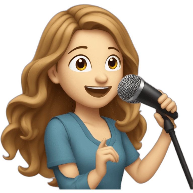 Caucasian girl with long Brown hair performing with a michophone singing emoji