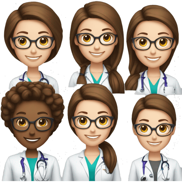 Female white skin, doctor, straight brown hair pony tail, clear thi glasses and a big smile emoji