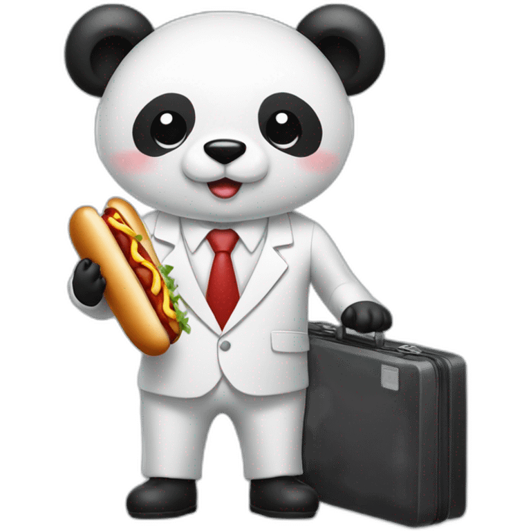 A professor with white suit and red tie and a panda face eating a hotdog and holding a black suitcase emoji