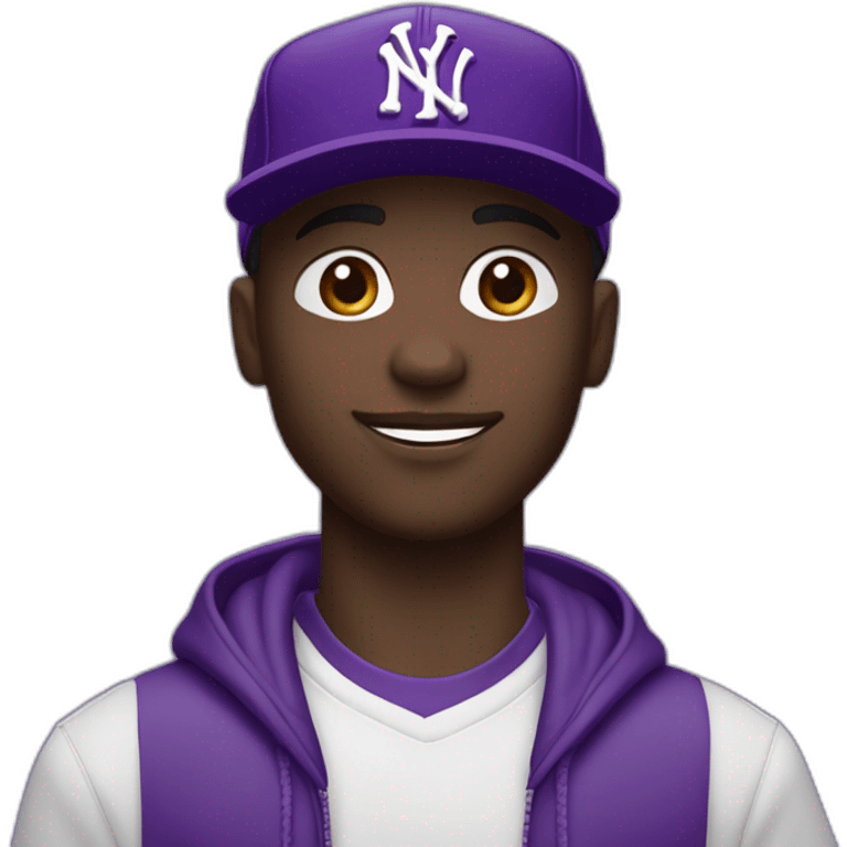 Young, dark-skinned guy in violet attire, wearing a violet NY cap and rocking violet Jordan 4s. 🟣🧢👟 emoji