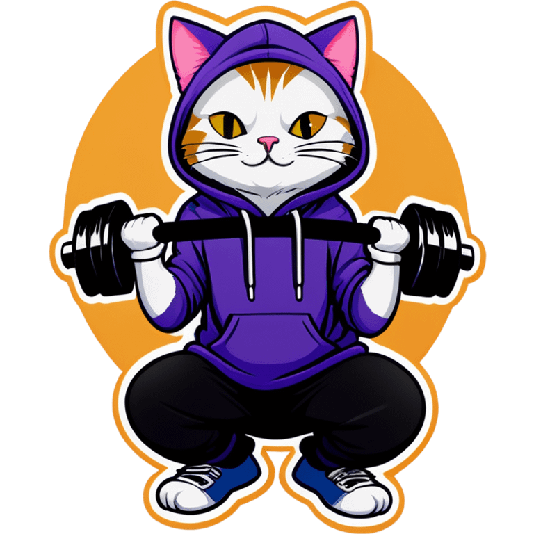 Cat in tank top and hoodie lifting weights emoji