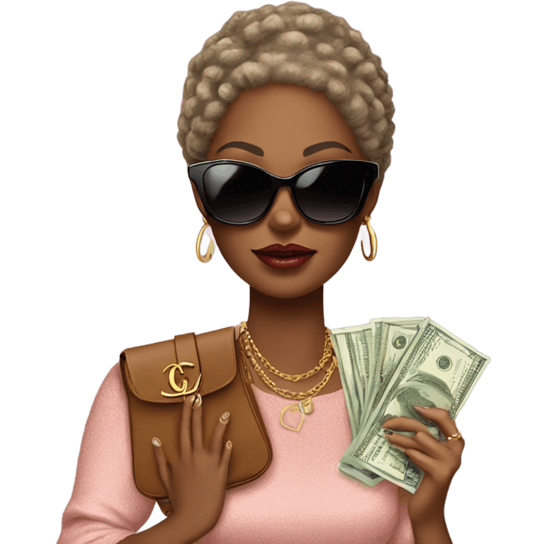 African american diva with gucci sunglasses on  holding a Louis Vuitton bag with money emoji