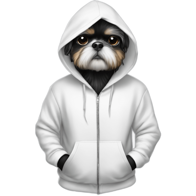 Black and white shitzu in a hoodie like a gangsta emoji