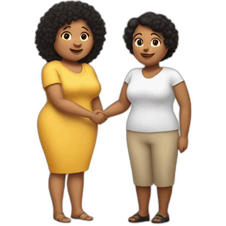 tan chubby woman with black curly hair shakes hands with a chubby pale woman who has straight light brown hair emoji